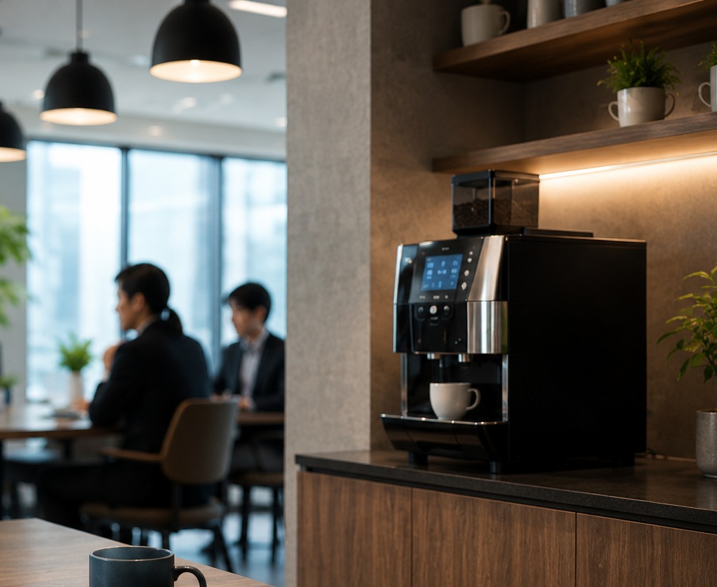 オフィスに設置されたウォーターサーバーとコーヒーマシン、ティーサーバー